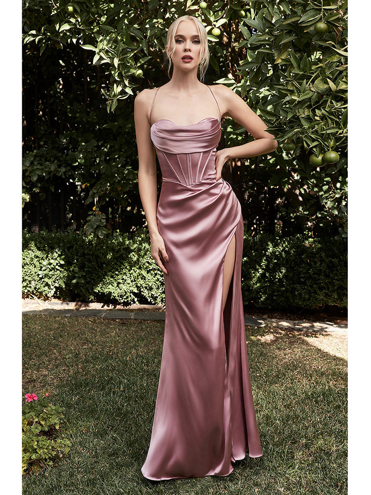 Long Dress with Fishbone Strap - Elegant Solid Color