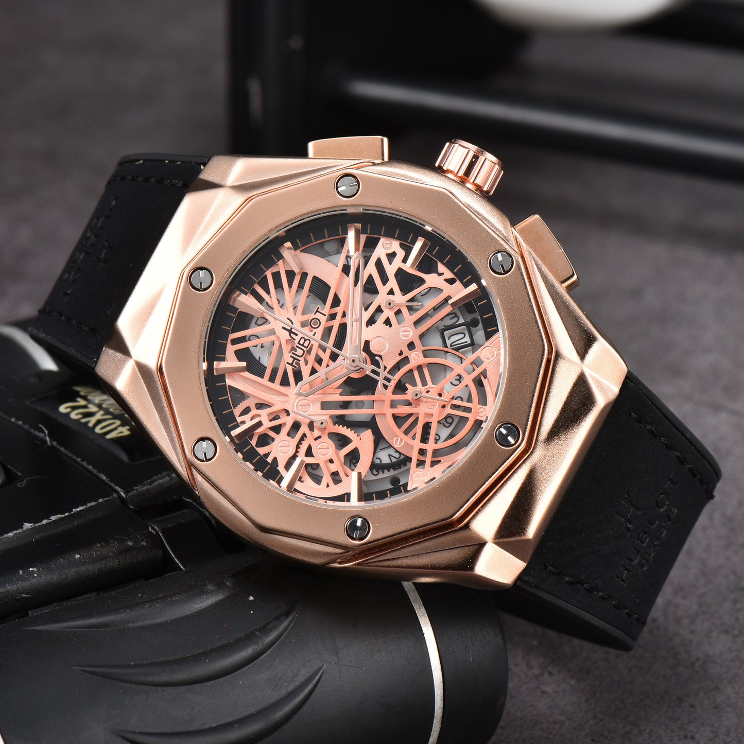 Hollow Chronograph Quartz Watch with Leather/Rubber Strap