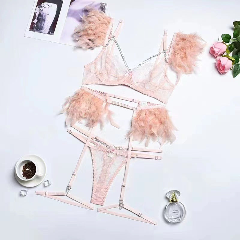 Elegant Lace and Feather Trim Underwear Set