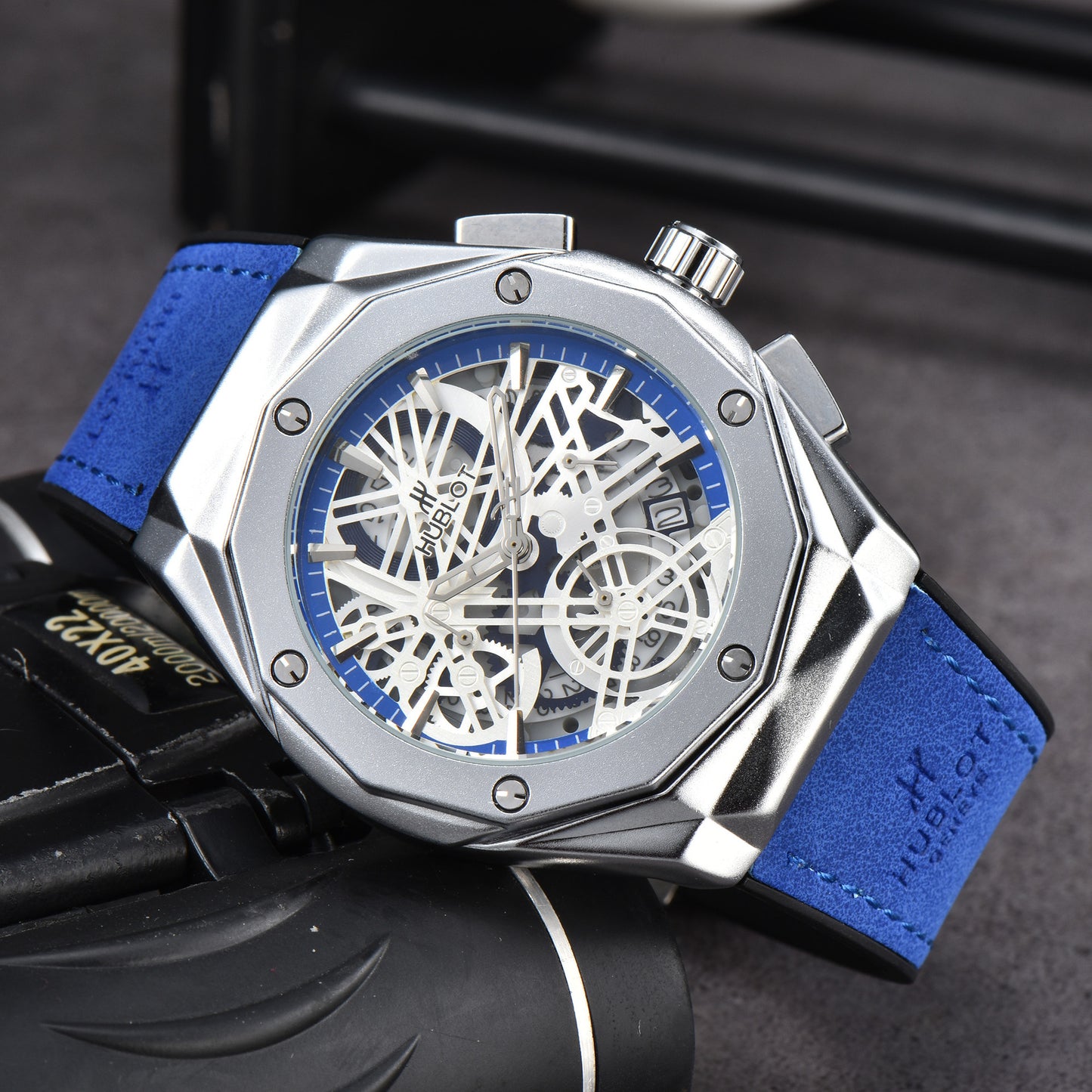 Hollow Chronograph Quartz Watch with Leather/Rubber Strap