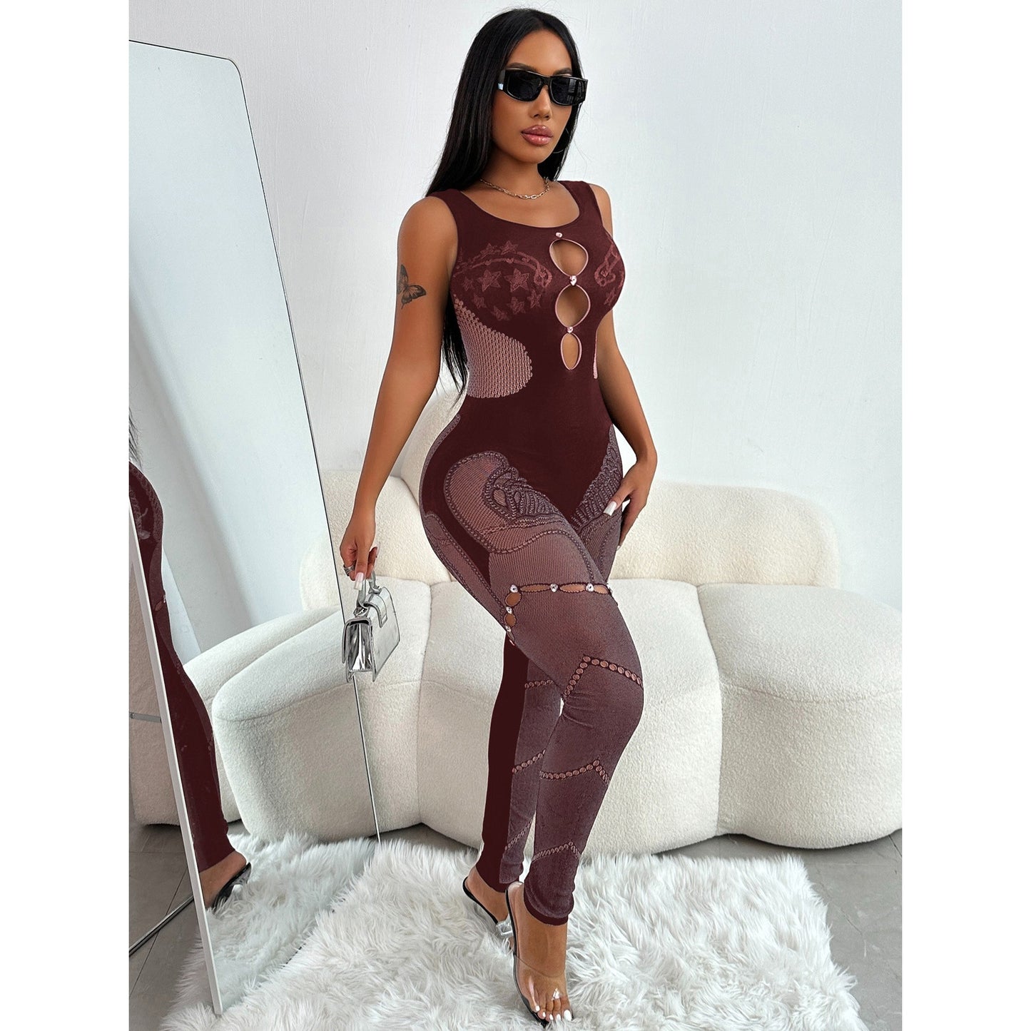Women's Tight Hollow Mesh Lace Rhinestone Strap Jumpsuit