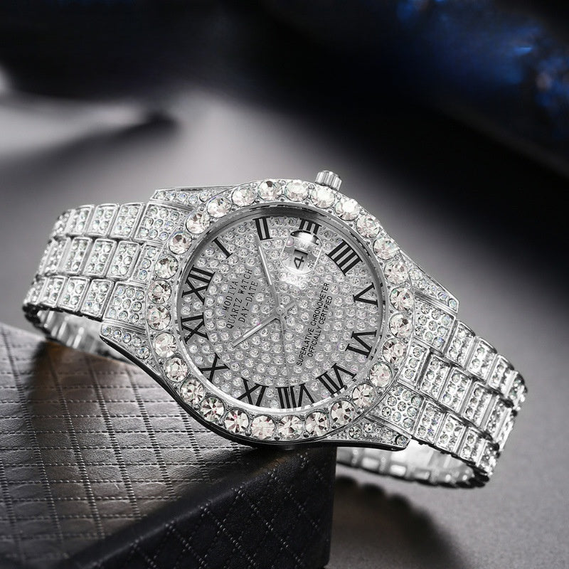 Rhinestone Calendar Men's Alloy Watch
