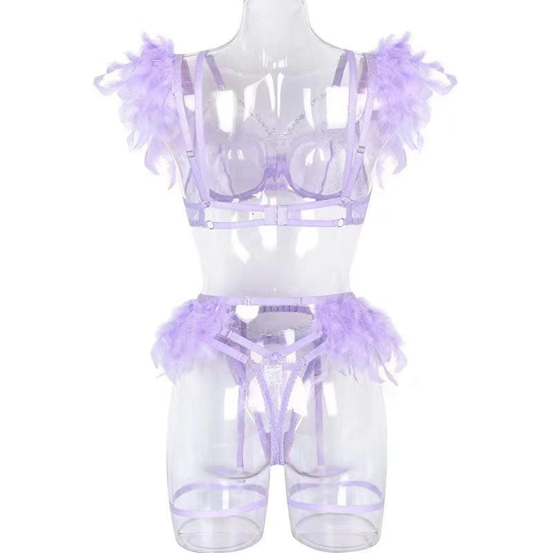 Elegant Lace and Feather Trim Underwear Set