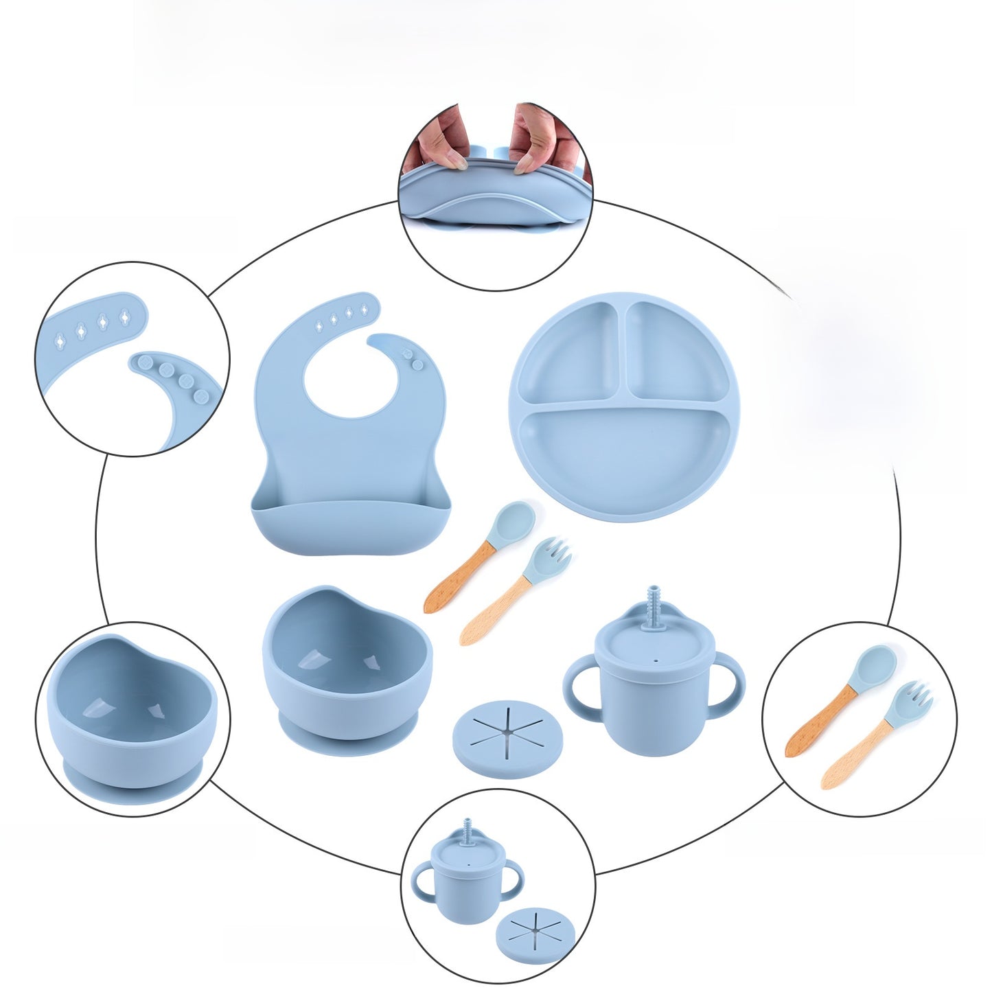 Baby Silicone Feeding Set with Bib, Plate, Bowl, and Utensils