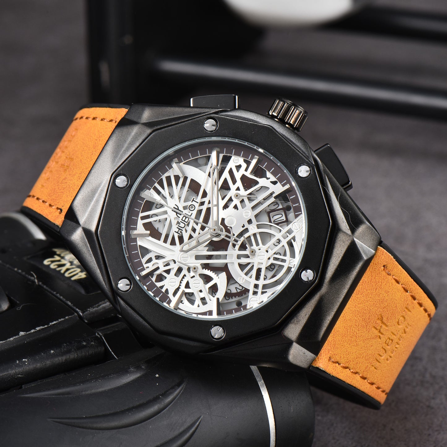 Hollow Chronograph Quartz Watch with Leather/Rubber Strap