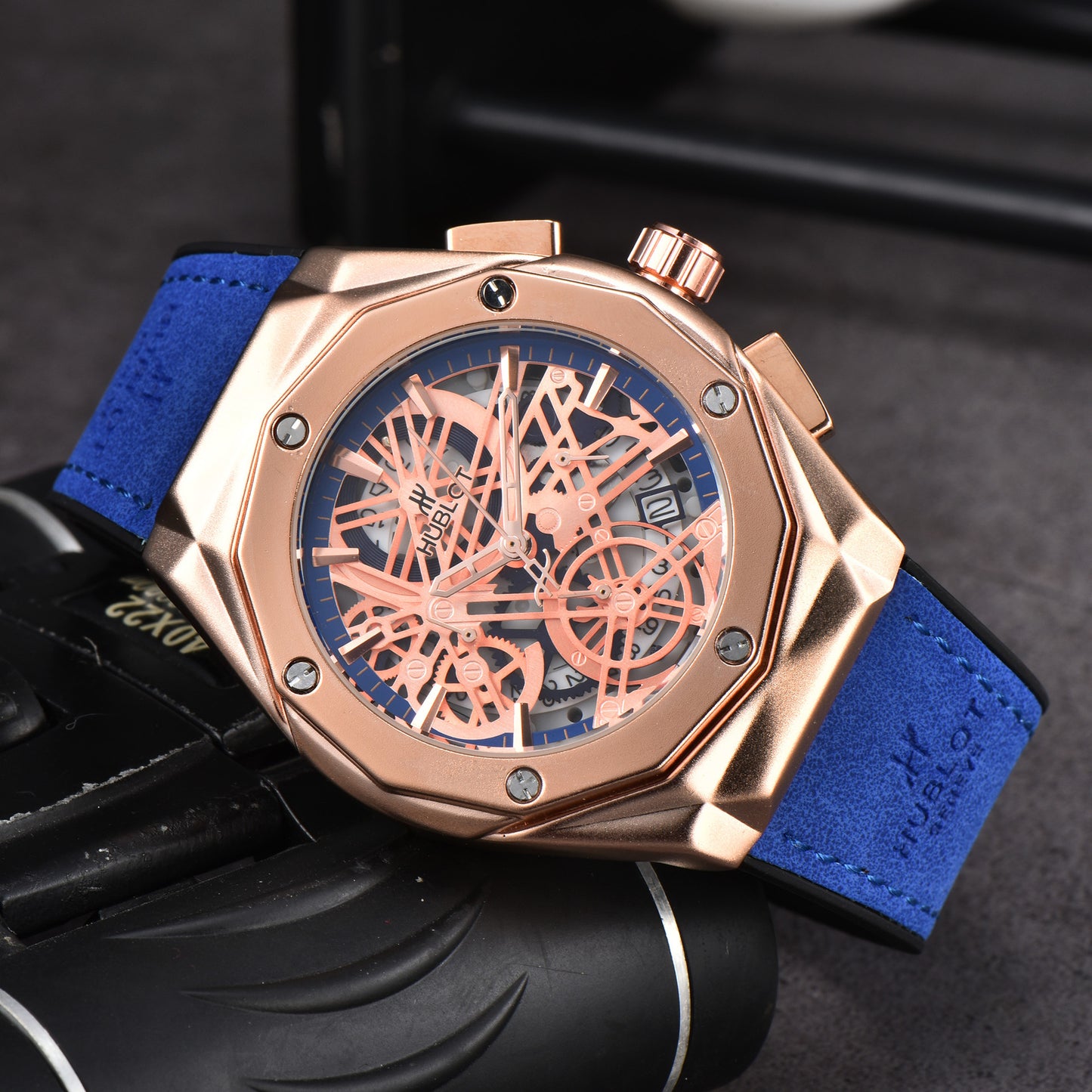 Hollow Chronograph Quartz Watch with Leather/Rubber Strap
