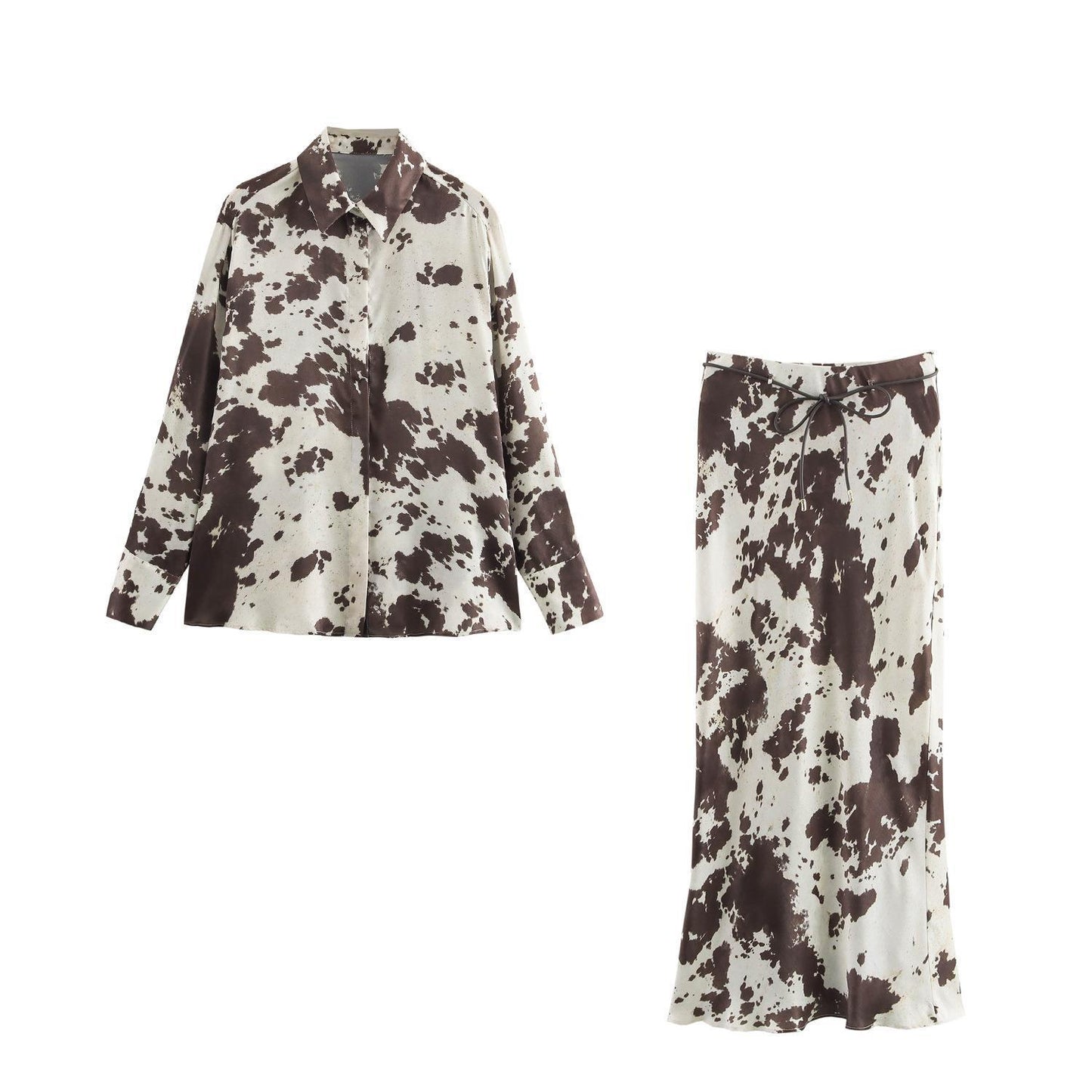 High Waist Mid Skirt Suit - Animal Print Loose Shirt and