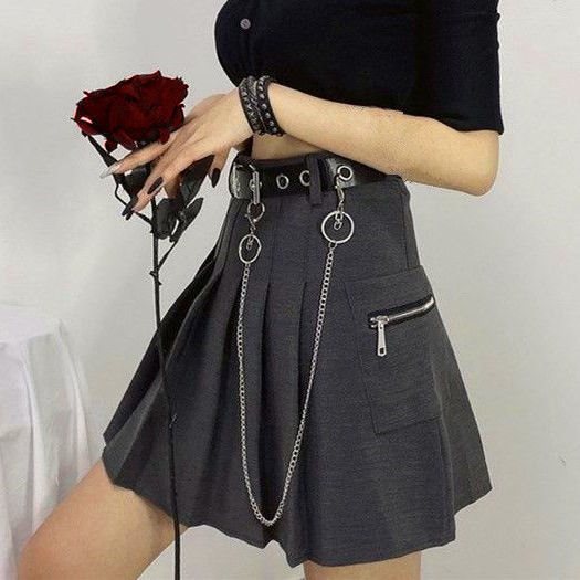Korean Style Pleated Short Skirt with Chain Detail