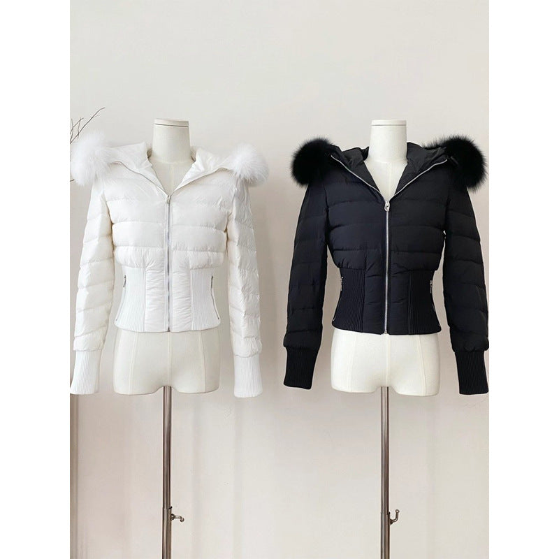 Women's White Duck Down Jacket with Detachable Faux Fur Collar