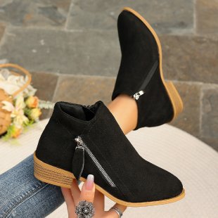 Genuine Leather Ankle Boots with Side Zipper - Chunky Heel