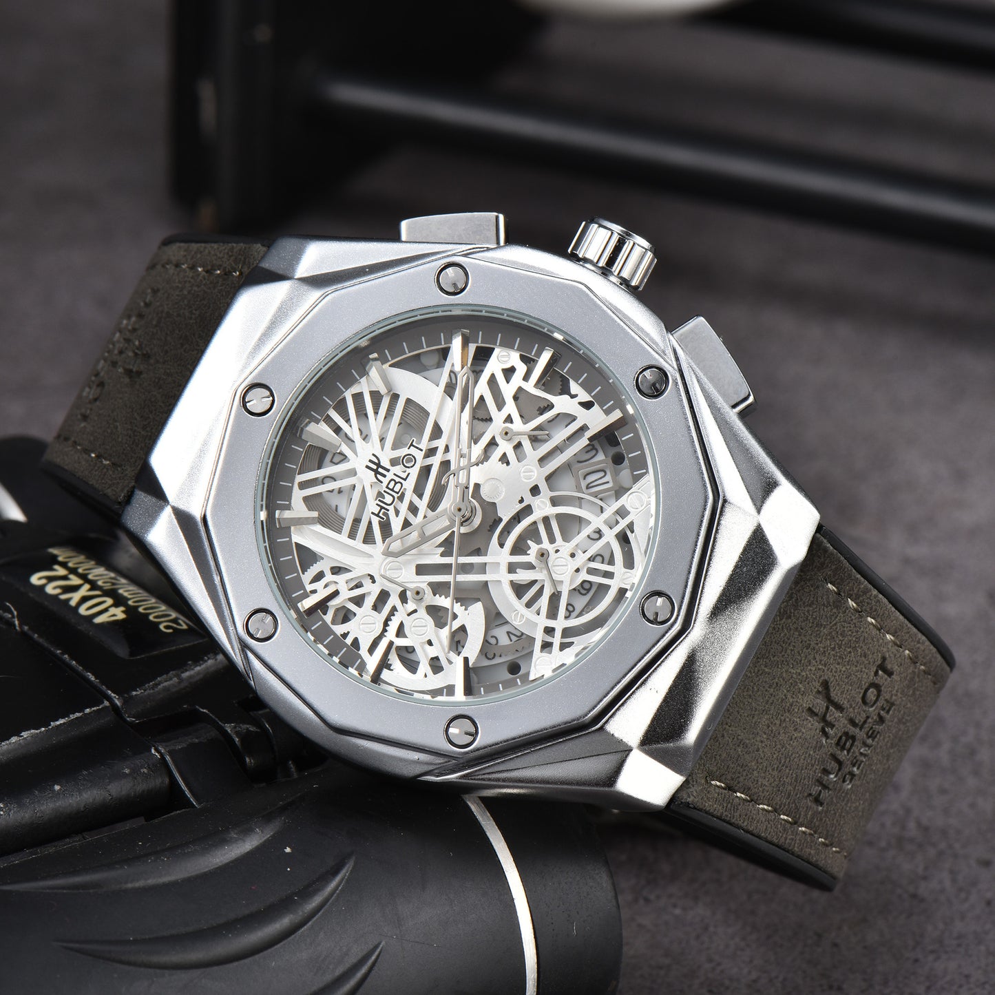 Hollow Chronograph Quartz Watch with Leather/Rubber Strap