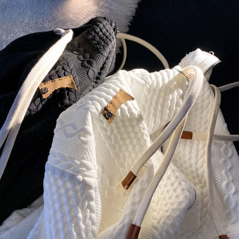 Waffle Pattern Zipper Jacket - Loose Fit Retro Style