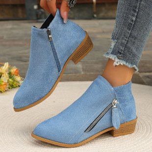 Genuine Leather Ankle Boots with Side Zipper - Chunky Heel