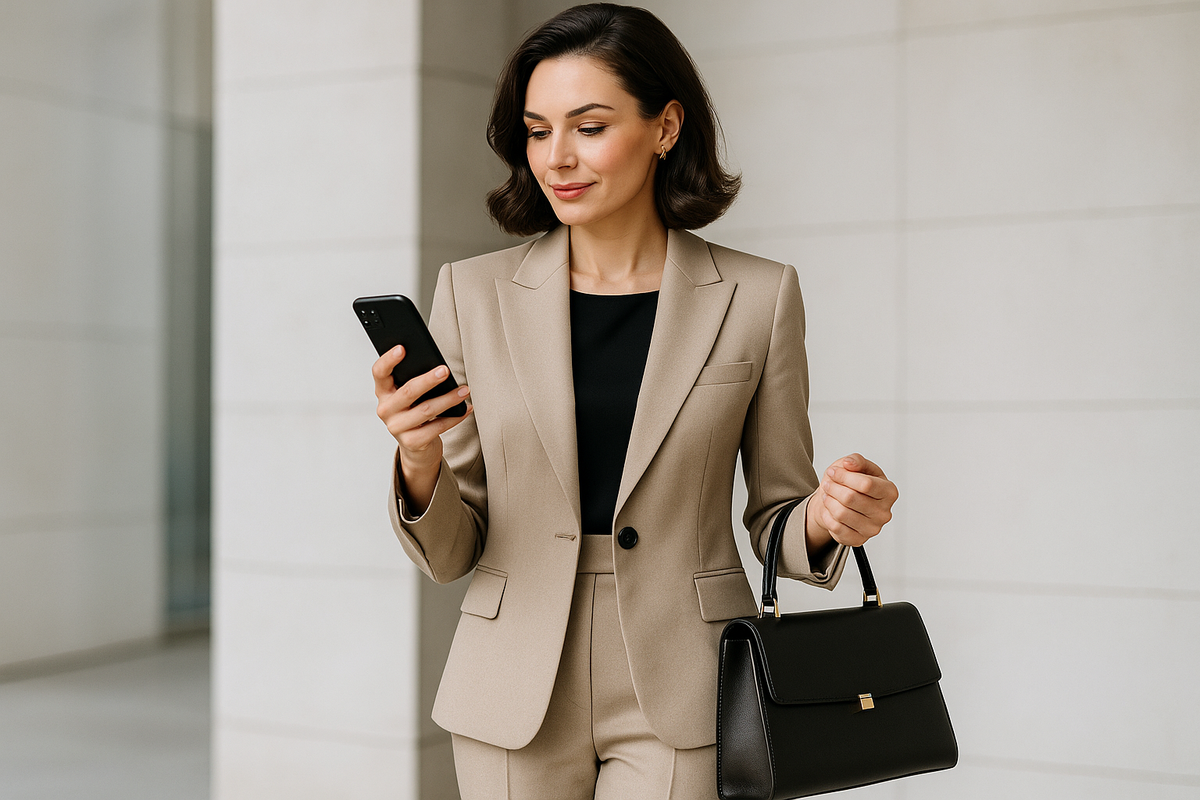 Generate woman with a classy outfit holding a phone and a hand bag.